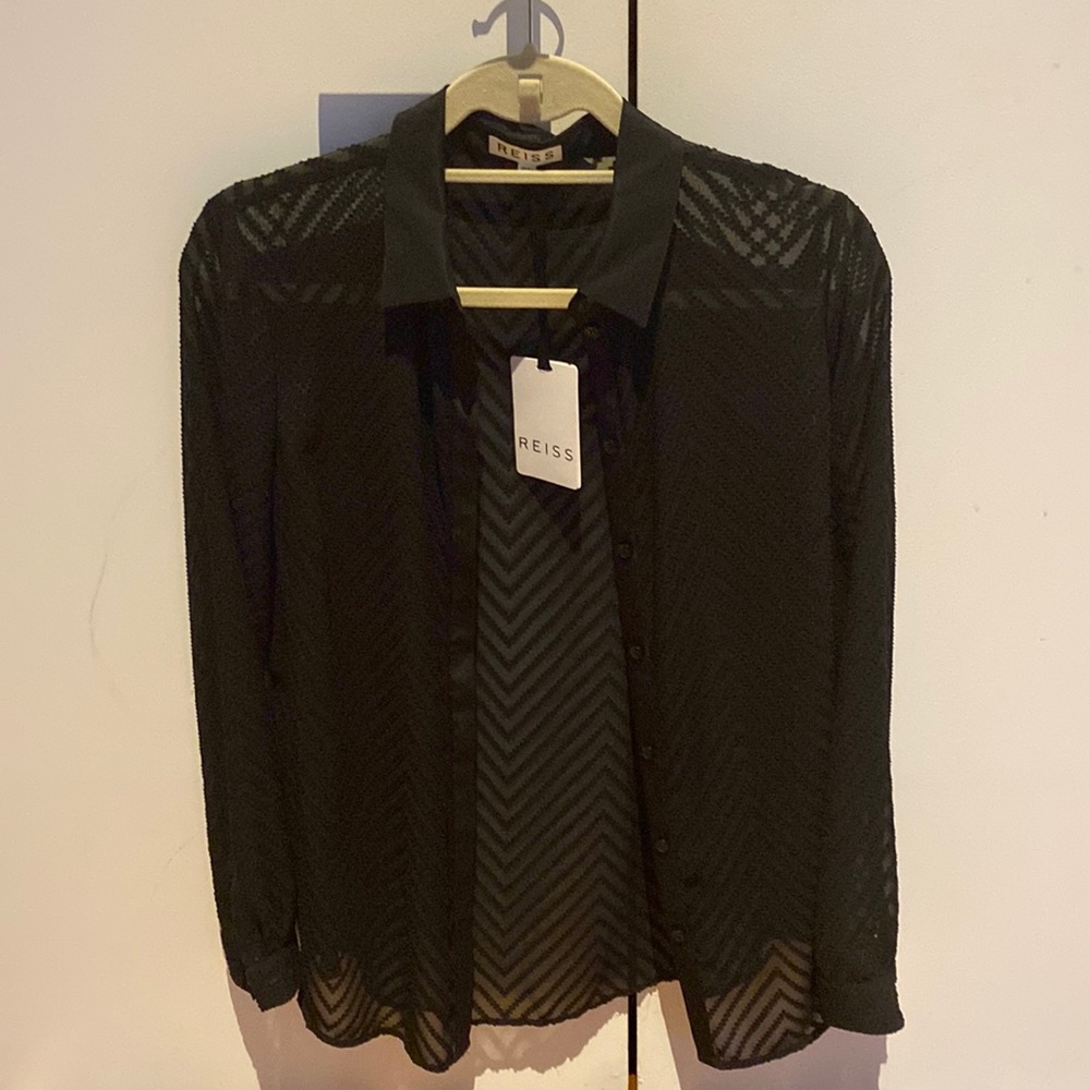 REISS size US2. Semi sheer black blouse. Brand new, tags attached.
